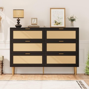 Rattan 6 Drawer Dresser for Bedroom, Modern Chest of Drawers with Gold Legs and Gold Handles - 1 of 4