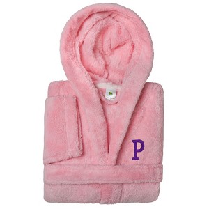 Personalized Linum Kids 100% Polyester SUPER PLUSH Double Brushed Hooded Bathrobe in Purple Bookman Font - 1 of 3