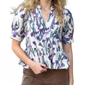 Women's Ecru Top With Irises - entro - 1 of 4