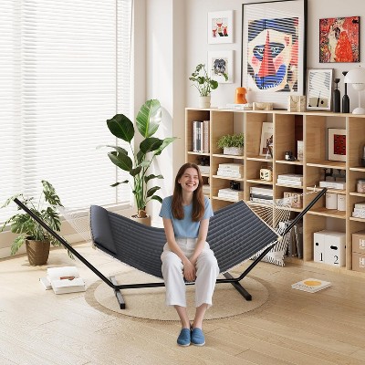 Double Hammock with Space Foldable Saving Steel Stand Included 2 Person Heavy Duty Outside Garden Yard 450lb Capacity for Garden Outdoor Dark Grey