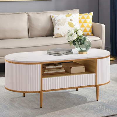 GustoWave Modern Oval Coffee Table, Center Table with Drawer & Storage for Living Room, White