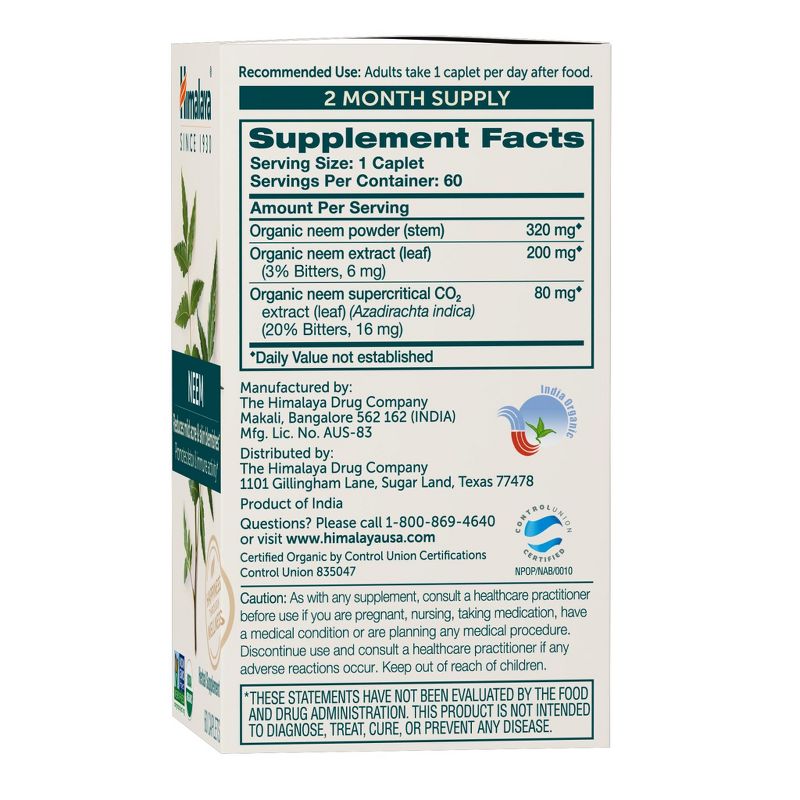 Himalaya Organic Neem, Mild Acne Relief for Clear, Smooth & Radiant Looking Skin, 600 mg, 60 Caplets, 2 Month Supply, 1 of 5