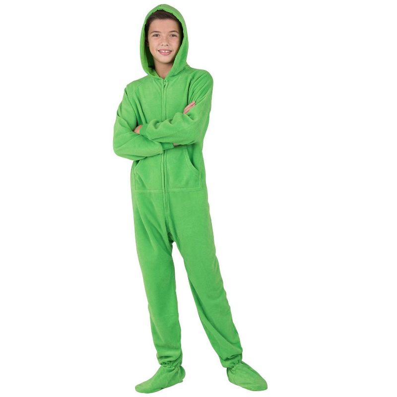 Footed Pajamas - Emerald Green Kids Hoodie Fleece Onesie, 2 of 5