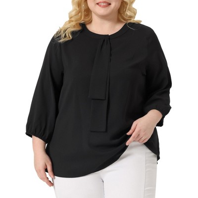 Agnes Orinda Women's Plus Size 3/4 Sleeves Round Neck Ruffle Chiffon Work  Blouse White 2X