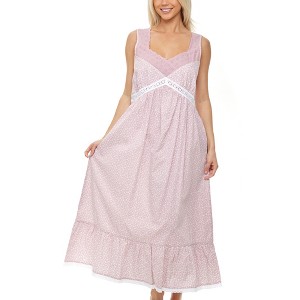 ADR Women's Cotton Nightgown, Sleeveless Lace Trimmed Deep V-neck Long Vintage Night Dress Gown - 1 of 4