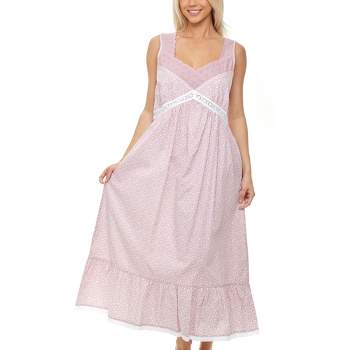 Women's Cotton Victorian Nightgown, Priscilla Sleeveless Lace Trimmed Deep V-neck Long Vintage Night Dress Gown
