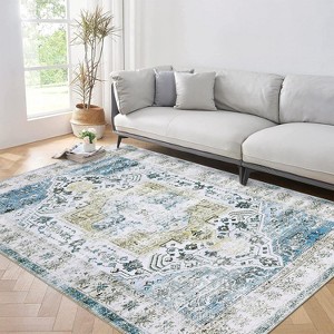 2'x6' Machine Washable Runner Rug, Non-Slip Backing, Vintage Low Pile, Boho Style for Kitchen, Entryway, Laundry Room, Blue - 1 of 4