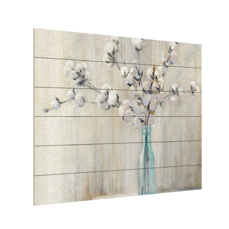 Cotton Bouquet Still Life Wood Slat Art in Beige and Blue