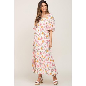 PinkBlush White Floral Puff Sleeve Maternity Maxi Dress - 1 of 4