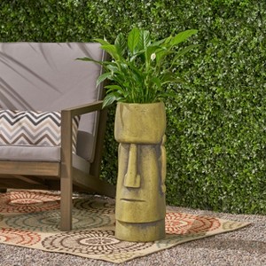 Christopher Knight Home Glacier Outdoor Cast Stone Easter Island Tiki Urn Planter, Antique Green - 1 of 4