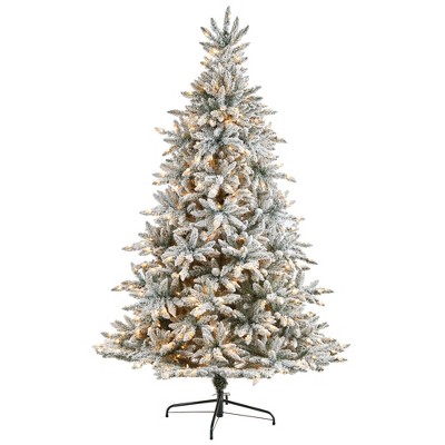 Nearly Natural 8-ft Flocked West Virginia Spruce Christmas Tree with 600 Clear Lights and 1856 Bendable Branches