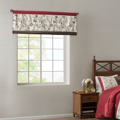 Elegant Floral Embroidered Window Valance, All Season Textured Light Filtering Curtain fits Various Room Decor, Red, 50x18"