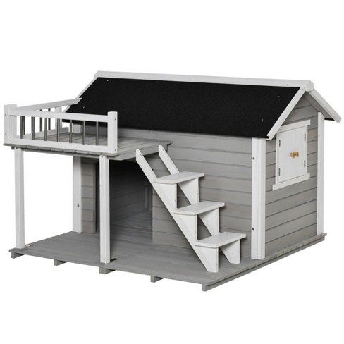 Pawhut Wooden Outdoor Dog House, 2-Tier Raised Pet Shelter, With Stairs,  Weather Resistant Roof, And Balcony, For Medium, Large Dogs Up To 55 Lbs :  Target