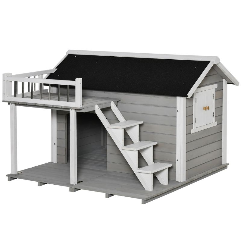 PawHut Wooden Outdoor Dog House, 2-Tier Raised Pet Shelter, with Stairs, Weather Resistant Roof, and Balcony, for Medium, Large Dogs Up To 55 lbs, 1 of 8