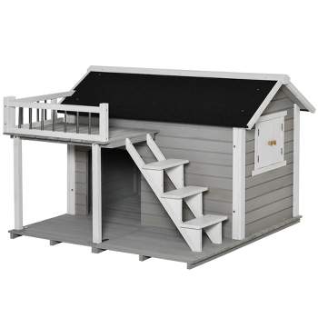 PawHut Wooden Outdoor Dog House, 2-Tier Raised Pet Shelter, with Stairs, Weather Resistant Roof, and Balcony, for Medium, Large Dogs Up To 55 lbs