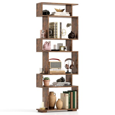 Tangkula 6-tier S-shaped Bookshelf 64" Open-back Bookcase Home Wood Organizer Free-standing Storage Shelf