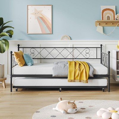 Daybed with Trundle, Sturdy Metal Twin Bed Frame with Heart-shaped Headboard, Day Bed Sofa Bed Frame with Steel Slat Support.