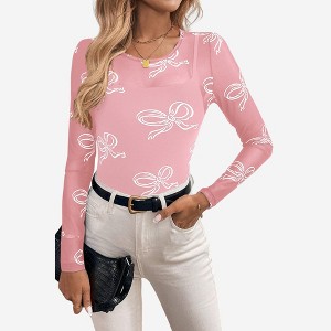 Amaryllis Women’s Sheer Mesh Long Sleeve Top with Allover Bow Print Lightweight Fitted Design Layering Piece - 1 of 4