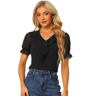 Allegra K Women's Elegant Ruffle V Neck Short Sleeve Swiss Dots Chiffon Blouse