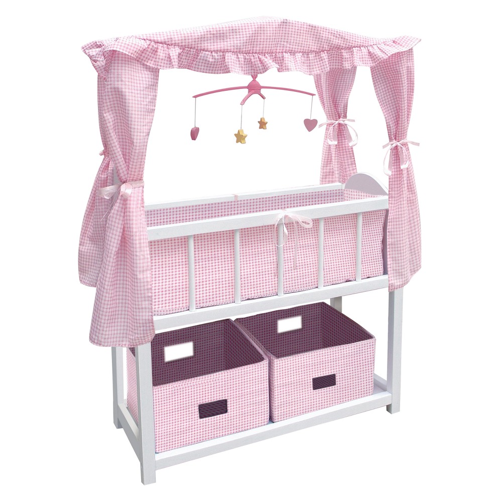 Badger Basket Doll Canopy Crib with Mobile & Storage Bins Badger Basket's Canopy Doll Crib with Baskets, Bedding, and Mobile suits your treasured dolly at bed time and includes a nice sized storage area below to keep her things organized for the day! All-in-all, it's a complete set-up to keep your child engaged with her baby dolls for hours. Mobile does not require batteries. Includes a fabric bumper/liner, blanket, and pillow. For children ages three and up and dolls up to 22 inches. Made with Wood, MDF, and fabric. Wipe, spot clean, and hand wash as needed. Overall assembled dimensions: 24 inches L x 12 inches W x 31 inches H. Adult assembly required. Gender: female.