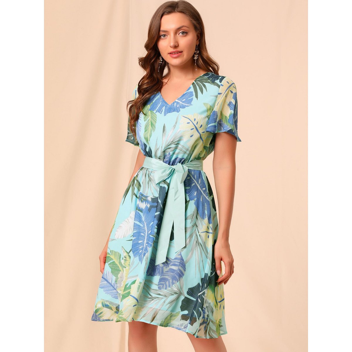 Женские платья INSPIRE CHIC Women's V Neck Flutter Sleeve Chiffon Dresses Green Blue Small — фото 2