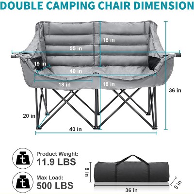 Dimensions and carrying bag image of double camping chair