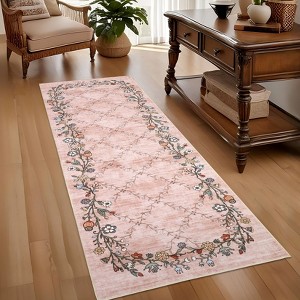 Modern Washable Area Rug for Living Room, Floral Pattern Floor Mat with Non Slip Backing, Low Pile Stain Resistant Lightweight Carpe - 1 of 4