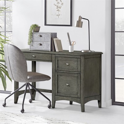 Gray Birch Wood Writing Desk with Keyboard Tray and Drawers