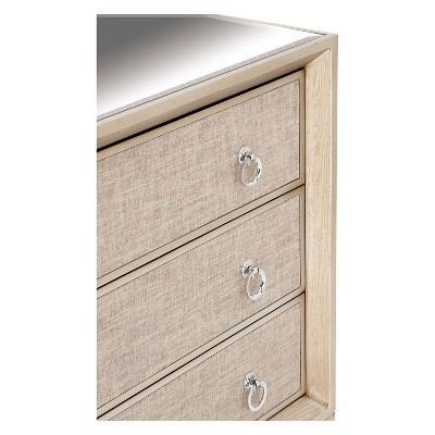 Beige Upholstered 3 Drawer Chest with Mirrored Top and Ring Handles