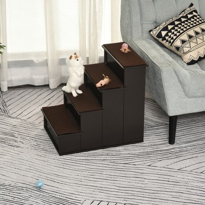 Dark Coffee MDF 4-Step Pet Stairs with Cushioned Cover