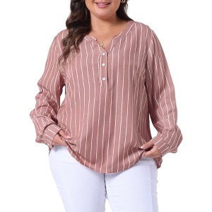 Agnes Orinda Women's Plus Size V Neck Striped Long Sleeve Button Down Blouses - 1 of 4