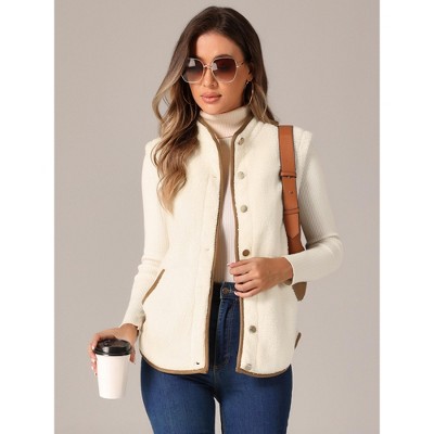INSPIRE CHIC Women's Fleece Contrast Color Button Down Sleeveless Fuzzy Jacket Vest with Pockets Large Apricot Brown — фото 5