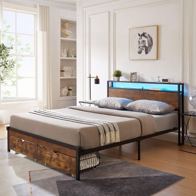 Streamdale Queen Size Platform Bed Frame with USB, Charger, Drawers, LED Lights