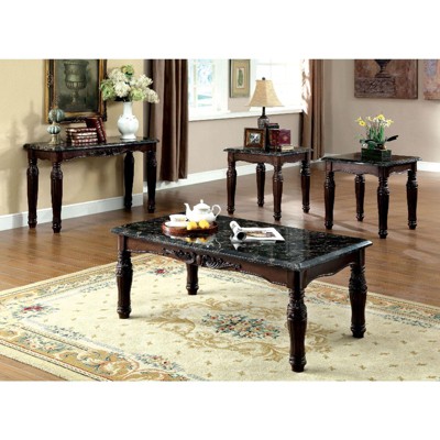 Traditional Espresso Solid wood 3pc Tables Set 1x Coffee Table and 2x End Tables Faux Marble Top Living Room Furniture
