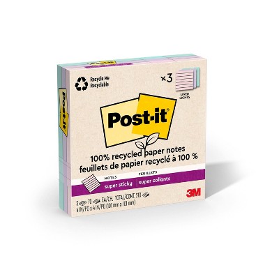 Post-it Recycled Super Sticky Notes 4"x4" Pastels: 100% Recycled Paper, 0.3 Inch Rule, Multicolored, 210 Sheets