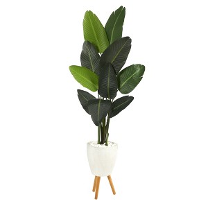 Nearly Natural 6-ft Traveler's Palm Artificial tree in White Planter with Stand - 1 of 4