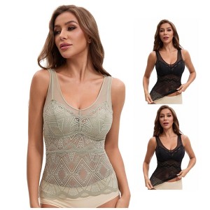 INSPIRE CHIC Women's 3 Packs Lace Mesh V-Back Wide Strap Fixed Cup Tank Top Longline Light and Breathable Camisoles - 1 of 4
