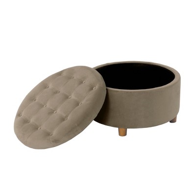 Fawn Velvet Tufted Round Storage Ottoman with Honey Oak Legs