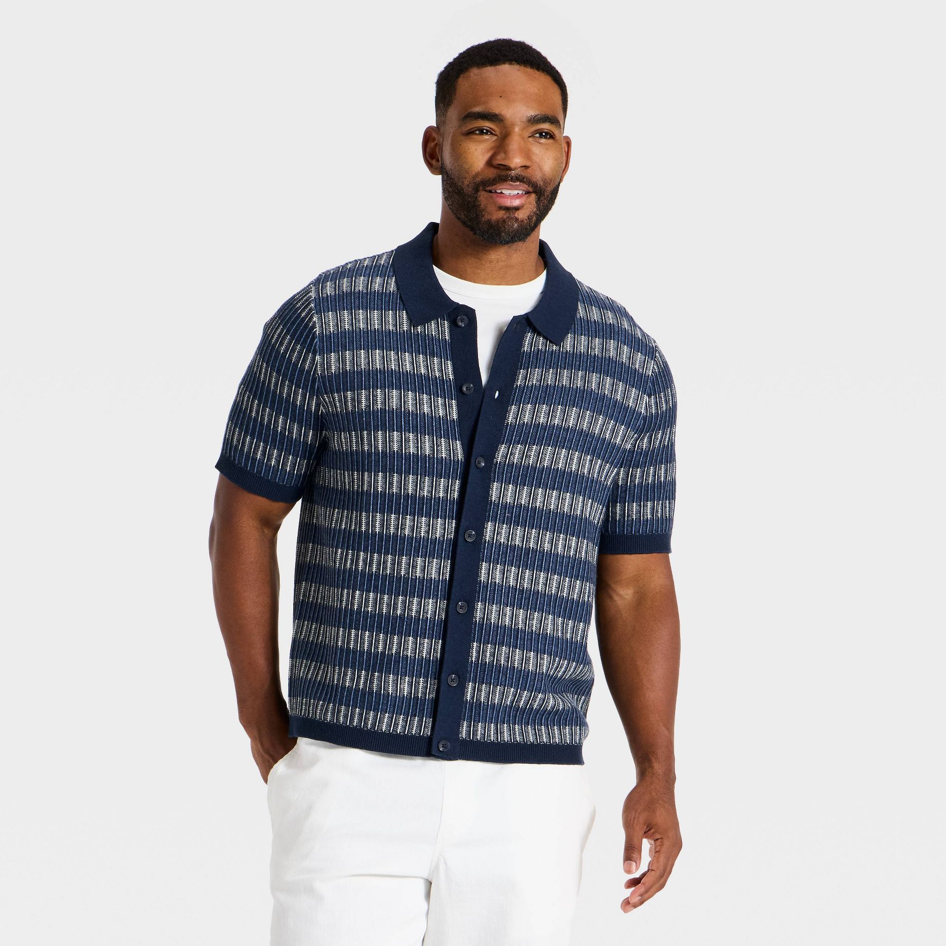 Men's Short Sleeve Jacquard Full Button Sweater Polo - Goodfellow & Co™ Blue