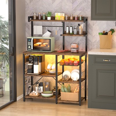 Aheaplus Kitchen Storage Shelf with Hooks, Coffee Bar Station with Power Outlets & LED Light, Bakers Rack with Pull-Out Basket