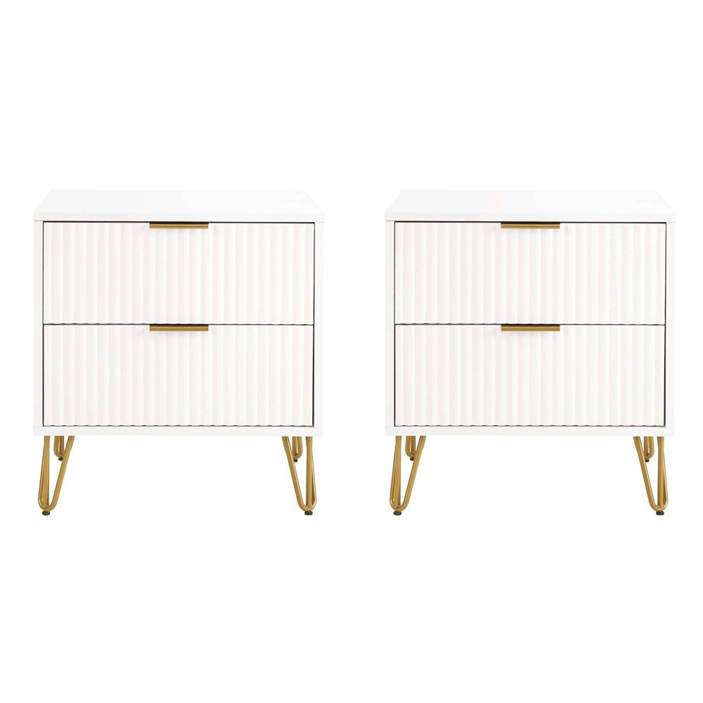 Manhattan Comfort Set of 2 Dumbo 2 Drawer Nightstands White: Modern Style, MDF Frame, Metal Glides, Storage Solution