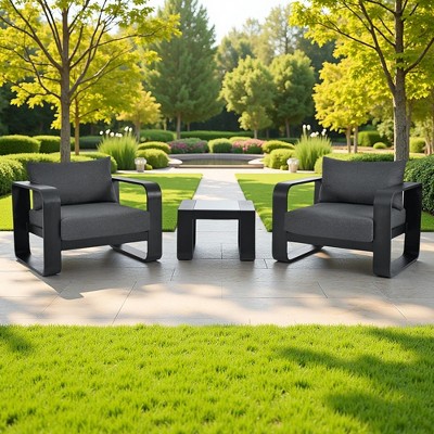 3-Piece Outdoor Aluminium Chair Set with Coffee Table and Thick Cushion