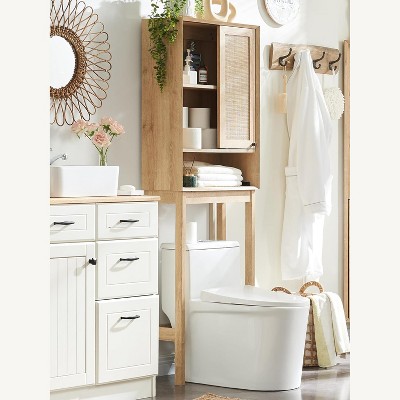 SinCiDo 68" High Natural Rattan Toilet Top Storage Cabinet, Modern Storage Cabinet w/ Sliding Door & Adjustable Shelf,Bathroom Space Saver,Natural Oak