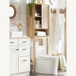 SinCiDo 68" High Natural Rattan Toilet Top Storage Cabinet, Modern Storage Cabinet w/ Sliding Door & Adjustable Shelf,Bathroom Space Saver,Natural Oak - 1 of 4