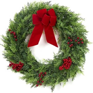 Christmas Wreaths for Front Door, 24 Inch Large Outdoor Christmas Wreath with Berries Velvet Bow - 1 of 4