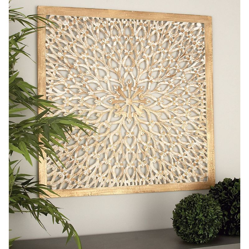 Wood Floral Handmade Intricately Carved Wall Decor with Mandala Design Light Brown - Olivia & May, 2 of 18
