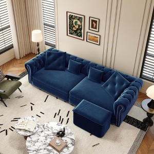 89'' Velvet 3-in-1 Pull-Out L-Shaped Sectional Sofa Bed with Tufted Design and Movable Ottoman, Convertible King Size Sleeper with 4 Pillows - 1 of 4