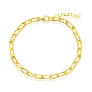 Bella Silver Sterling Silver Polished & Rope Design Paperclip Bracelet - Gold Plated - Gold - 7+1 Inch - 1 of 2