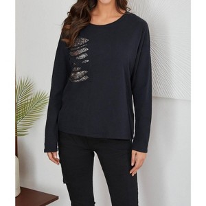 Women's CUT SEQUIN PATCH DETAIL LONG SLEEVE TOP - Venti6 - 1 of 2