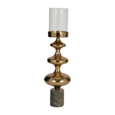 Metal Pillar Candle Holder with Glass Hurricane - Glam Style Candle Stand - Marble Base for Home, Office, Living Room & Bedroom